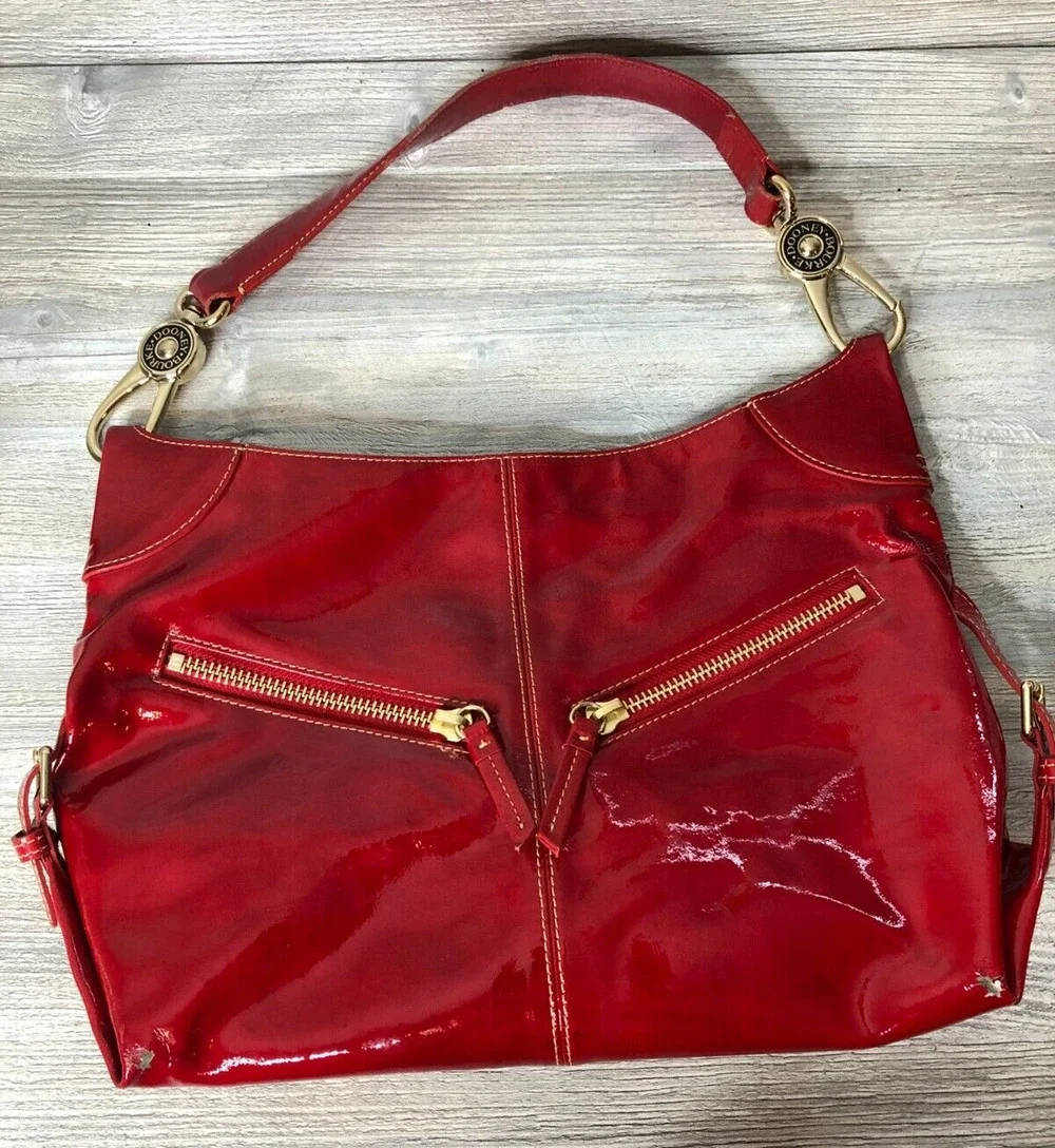 Dooney & Bourke Red Patent Leather Shoulder Bag Double Handles Handbag Purse - Picture 1 of 10